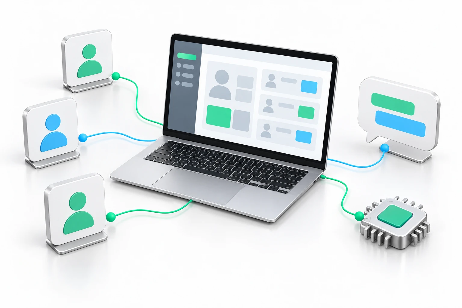 Customer profiles, communication and AI assistance linked to a management terminal.
