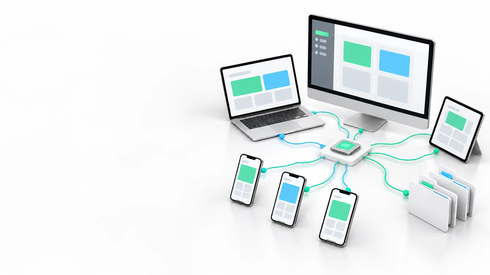 A conceptual arrangement of enterprise software devices and connected systems.