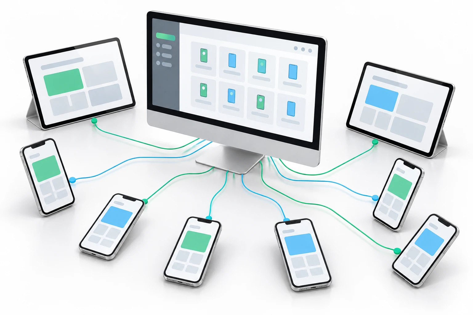 Multiple mobile devices connected to a central management terminal.